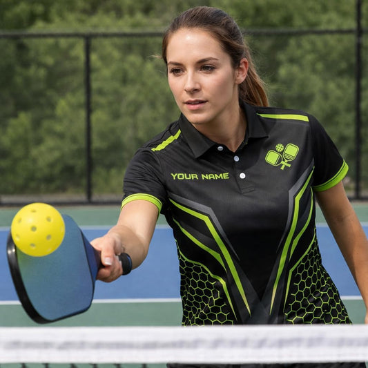 Pickleball Custom Name Polo Shirt Black Neon Green Performance Pickleball Shirt for Men Women