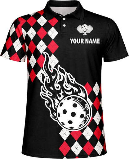 Pickleball Flame Ball Custom Name Pickleball Polo Shirt Argyle Performance Pickleball Shirt