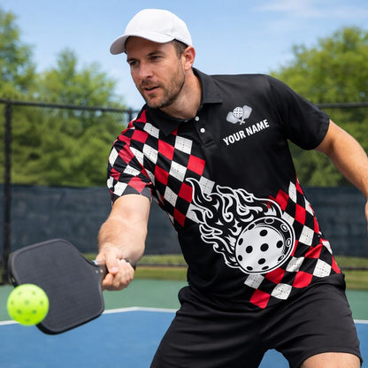 Pickleball Flame Ball Custom Name Pickleball Polo Shirt Argyle Performance Pickleball Shirt