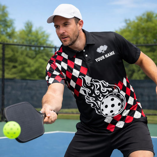 Pickleball Flame Ball Custom Name Pickleball Polo Shirt Argyle Performance Pickleball Shirt