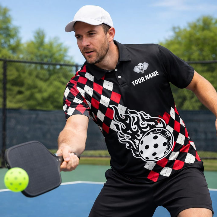 Pickleball Flame Ball Custom Name Pickleball Polo Shirt Argyle Performance Pickleball Shirt