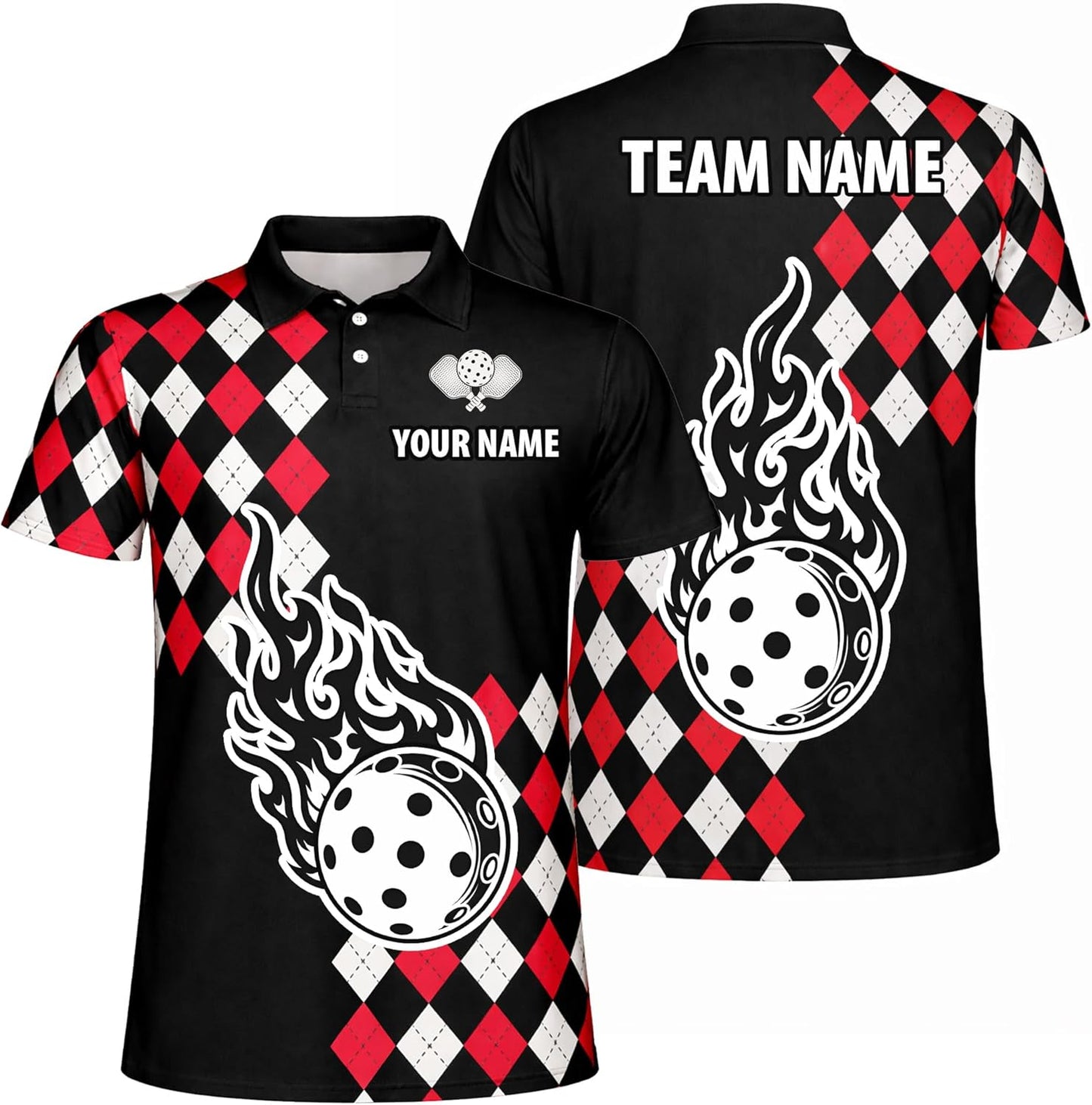 Pickleball Flame Ball Custom Name Pickleball Polo Shirt Argyle Performance Pickleball Shirt