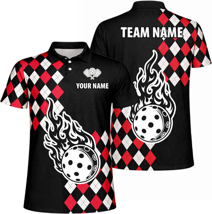 Pickleball Flame Ball Custom Name Pickleball Polo Shirt Argyle Performance Pickleball Shirt