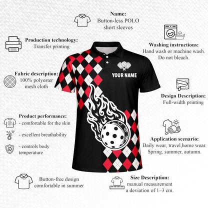 Pickleball Flame Ball Custom Name Pickleball Polo Shirt Argyle Performance Pickleball Shirt
