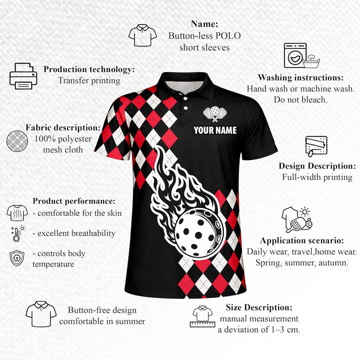 Pickleball Flame Ball Custom Name Pickleball Polo Shirt Argyle Performance Pickleball Shirt