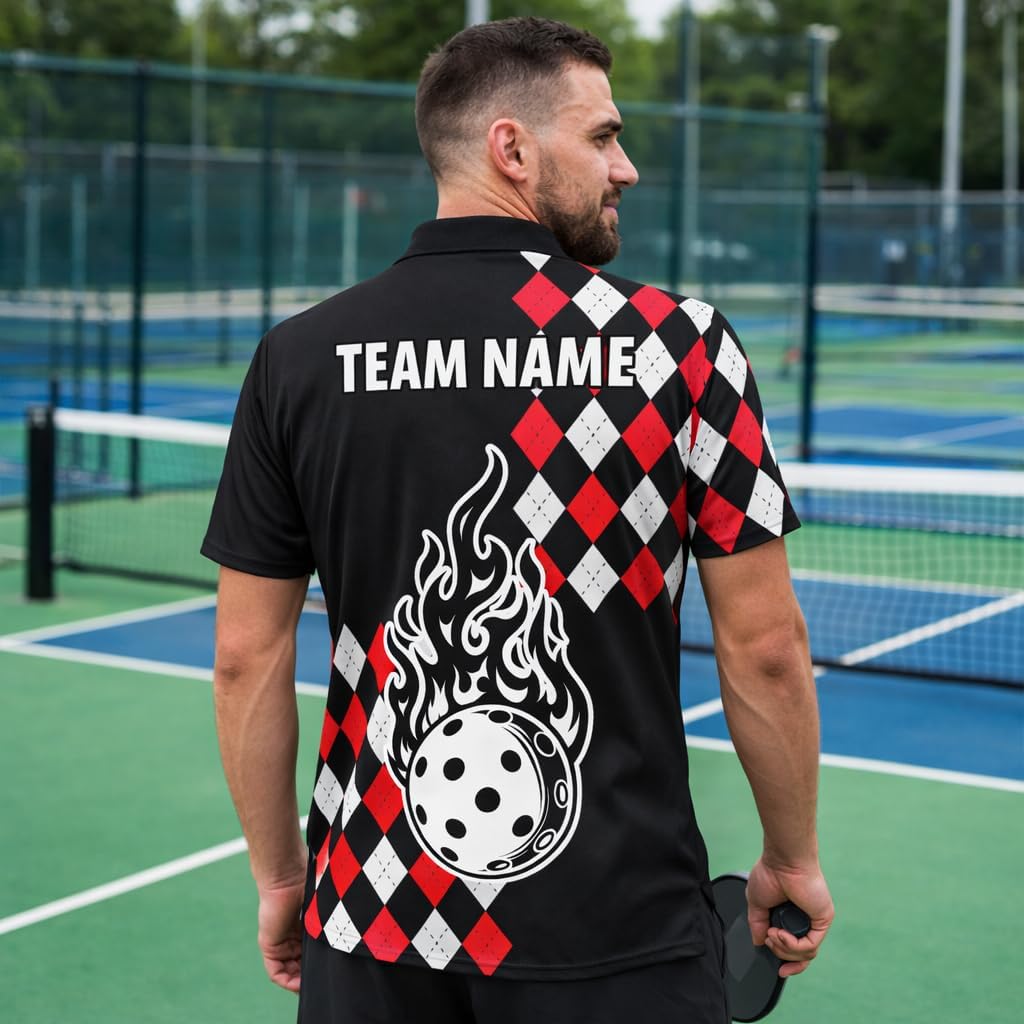 Pickleball Flame Ball Custom Name Pickleball Polo Shirt Argyle Performance Pickleball Shirt