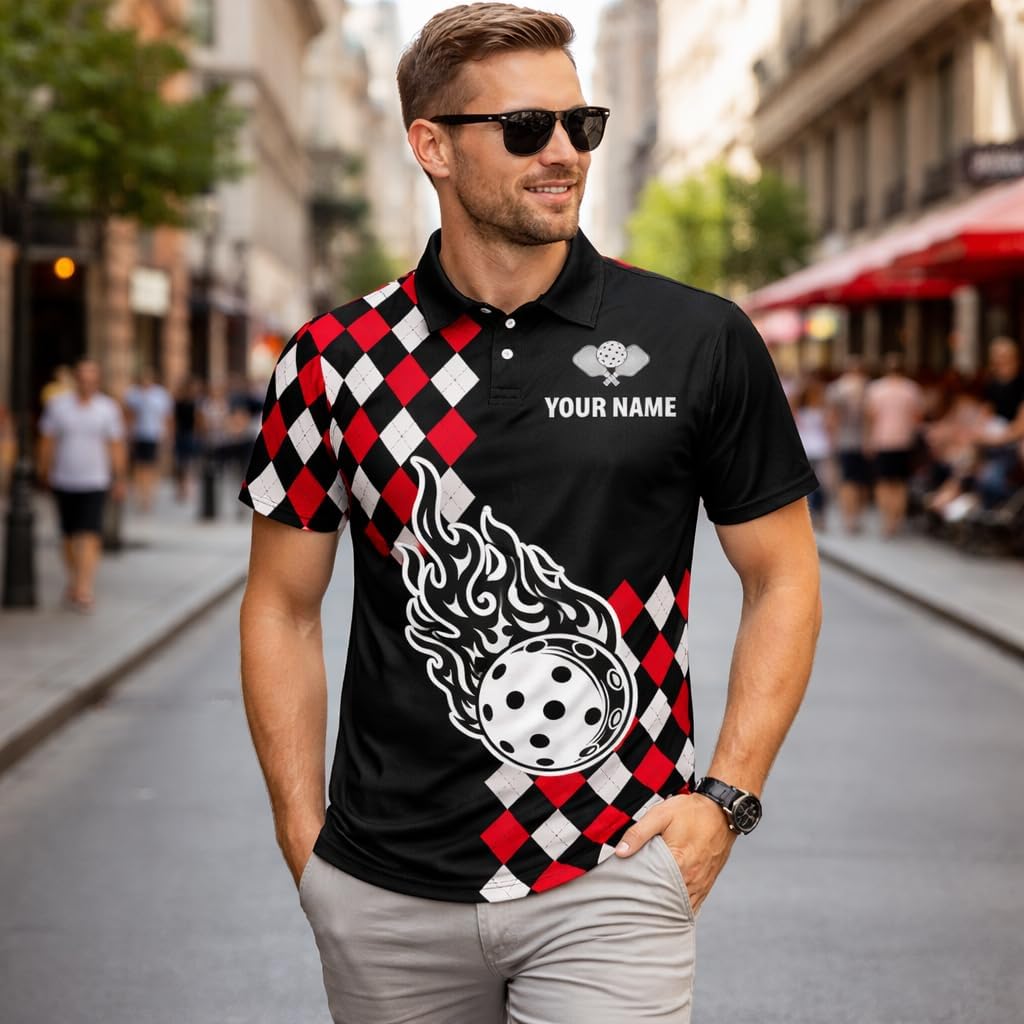 Pickleball Flame Ball Custom Name Pickleball Polo Shirt Argyle Performance Pickleball Shirt