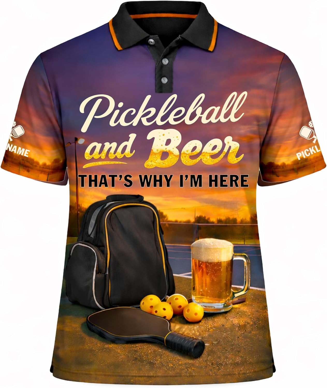 Pickleball and Beer Polo Shirt Funny Pickleball Sunset Court Performance Shirt