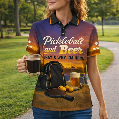 Pickleball and Beer Polo Shirt Funny Pickleball Sunset Court Performance Shirt