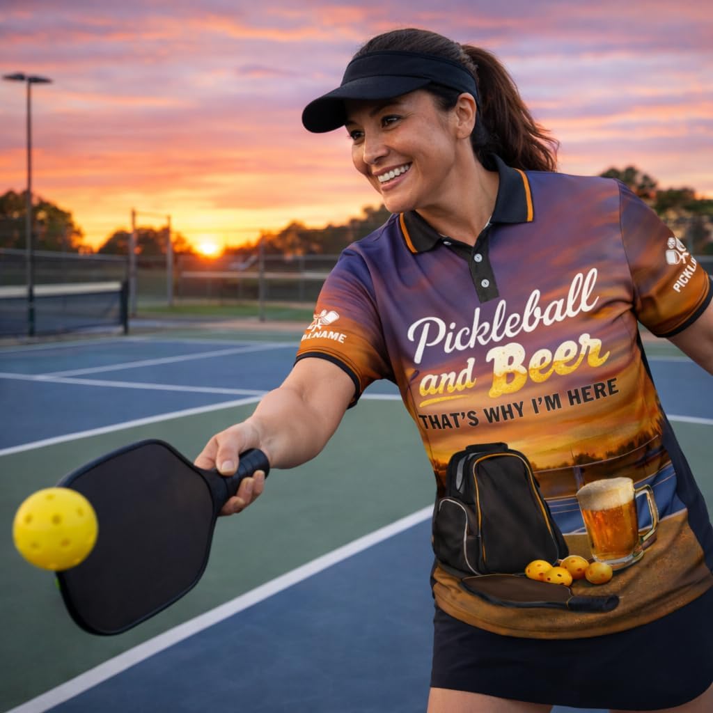 Pickleball and Beer Polo Shirt Funny Pickleball Sunset Court Performance Shirt
