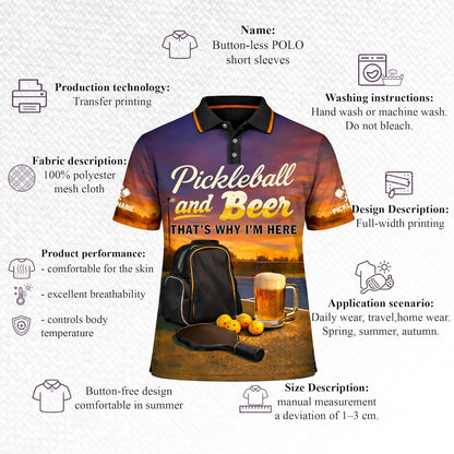 Pickleball and Beer Polo Shirt Funny Pickleball Sunset Court Performance Shirt