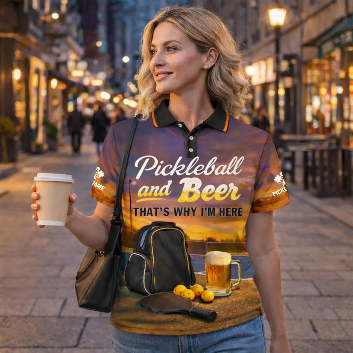 Pickleball and Beer Polo Shirt Funny Pickleball Sunset Court Performance Shirt