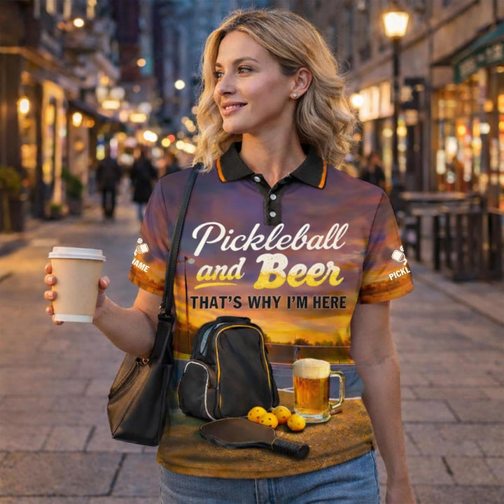 Pickleball and Beer Polo Shirt Funny Pickleball Sunset Court Performance Shirt