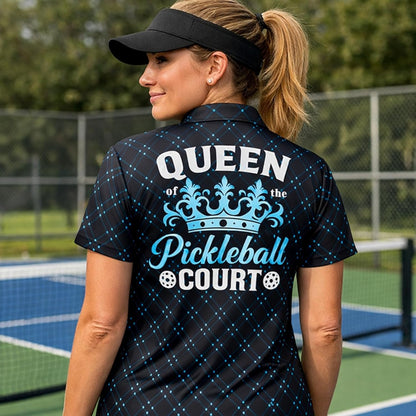 Queen of the Pickleball Court Women Pickleball Polo Shirt Custom Name Performance Pickleball Shirt Black