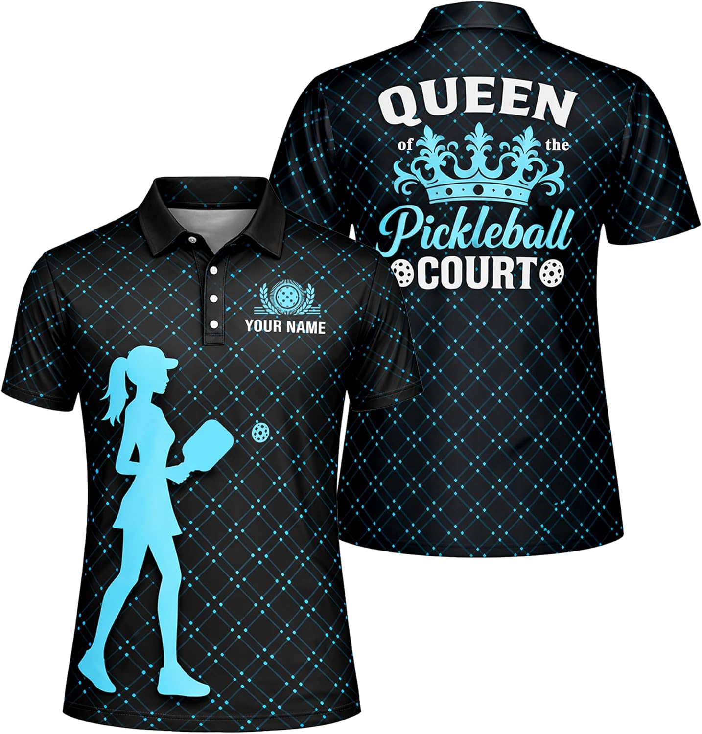 Queen of the Pickleball Court Women Pickleball Polo Shirt Custom Name Performance Pickleball Shirt Black