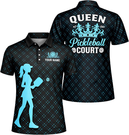 Queen of the Pickleball Court Women Pickleball Polo Shirt Custom Name Performance Pickleball Shirt Black