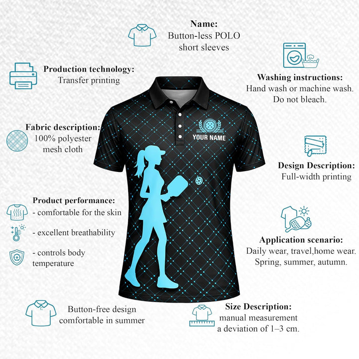 Queen of the Pickleball Court Women Pickleball Polo Shirt Custom Name Performance Pickleball Shirt Black