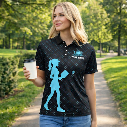 Queen of the Pickleball Court Women Pickleball Polo Shirt Custom Name Performance Pickleball Shirt Black