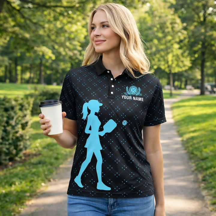 Queen of the Pickleball Court Women Pickleball Polo Shirt Custom Name Performance Pickleball Shirt Black