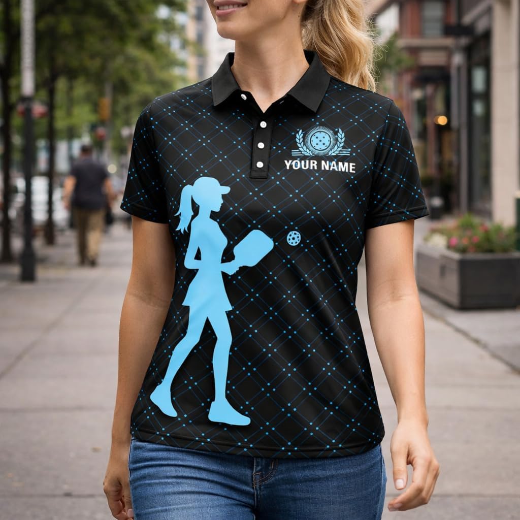 Queen of the Pickleball Court Women Pickleball Polo Shirt Custom Name Performance Pickleball Shirt Black