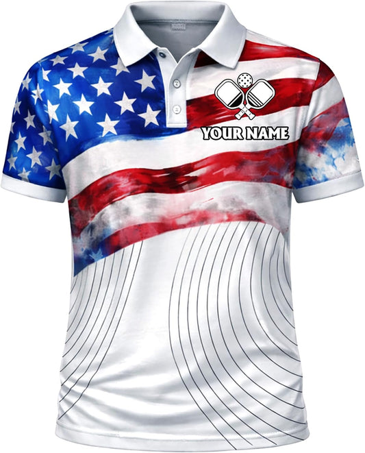 USA Flag Pickleball Polo Shirt Custom Name Team Pickleball Shirt Patriotic American Flag Pickleball Polo