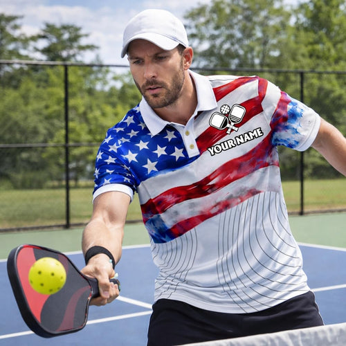 USA Flag Pickleball Polo Shirt Custom Name Team Pickleball Shirt Patriotic American Flag Pickleball Polo