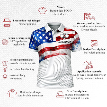 USA Flag Pickleball Polo Shirt Custom Name Team Pickleball Shirt Patriotic American Flag Pickleball Polo