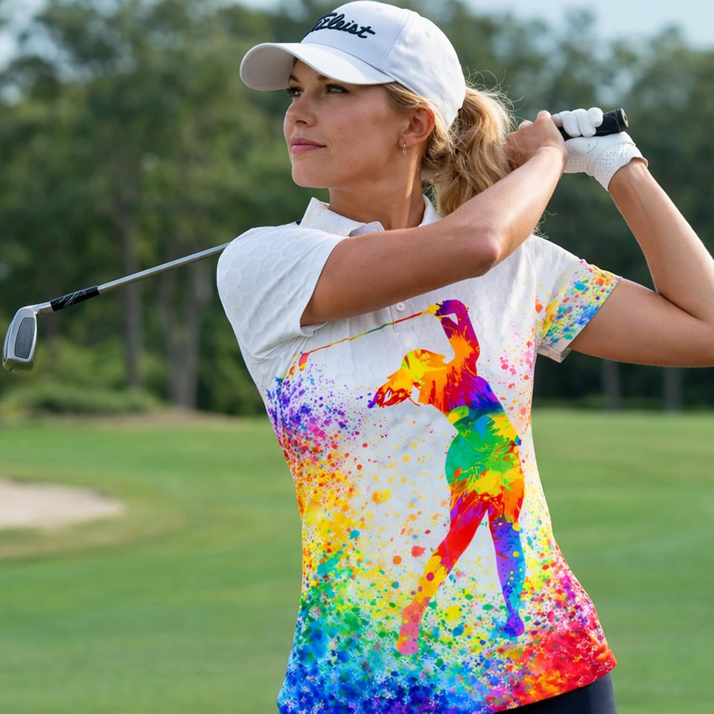 Women Golf Polo Shirt Colorful Splash Golfer Swing Performance Polo Shirt Breathable Athletic Golf Shirt