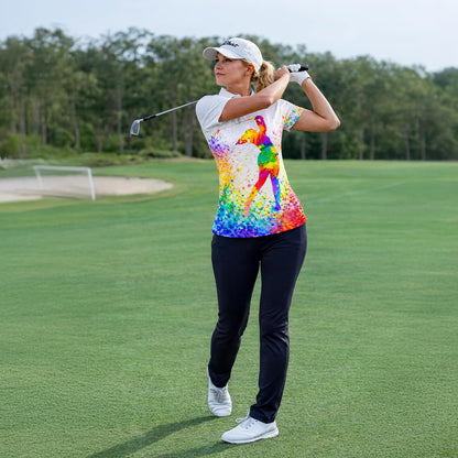 Women Golf Polo Shirt Colorful Splash Golfer Swing Performance Polo Shirt Breathable Athletic Golf Shirt