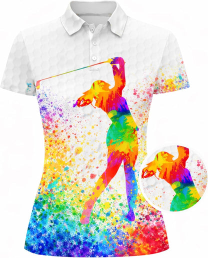 Women Golf Polo Shirt Colorful Splash Golfer Swing Performance Polo Shirt Breathable Athletic Golf Shirt