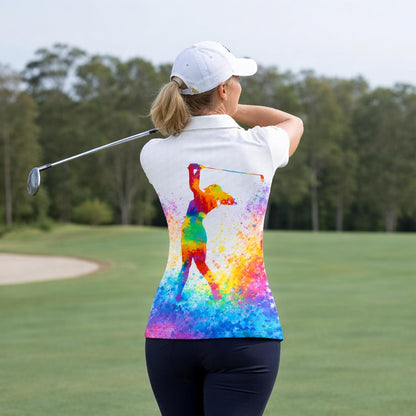 Women Golf Polo Shirt Colorful Splash Golfer Swing Performance Polo Shirt Breathable Athletic Golf Shirt