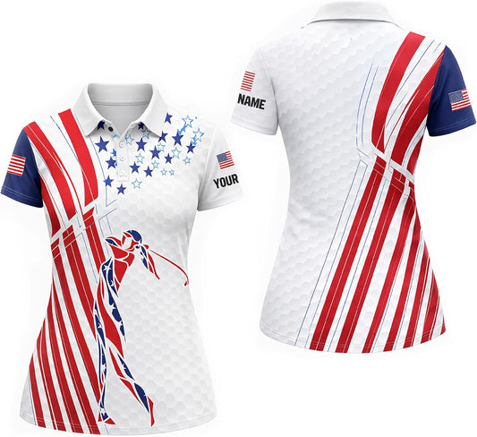 Women Patriotic Golf Polo Shirt Custom Name USA Flag Stars Stripes Golf Shirt Performance Short Sleeve