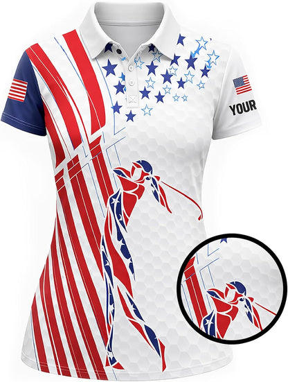 Women Patriotic Golf Polo Shirt Custom Name USA Flag Stars Stripes Golf Shirt Performance Short Sleeve
