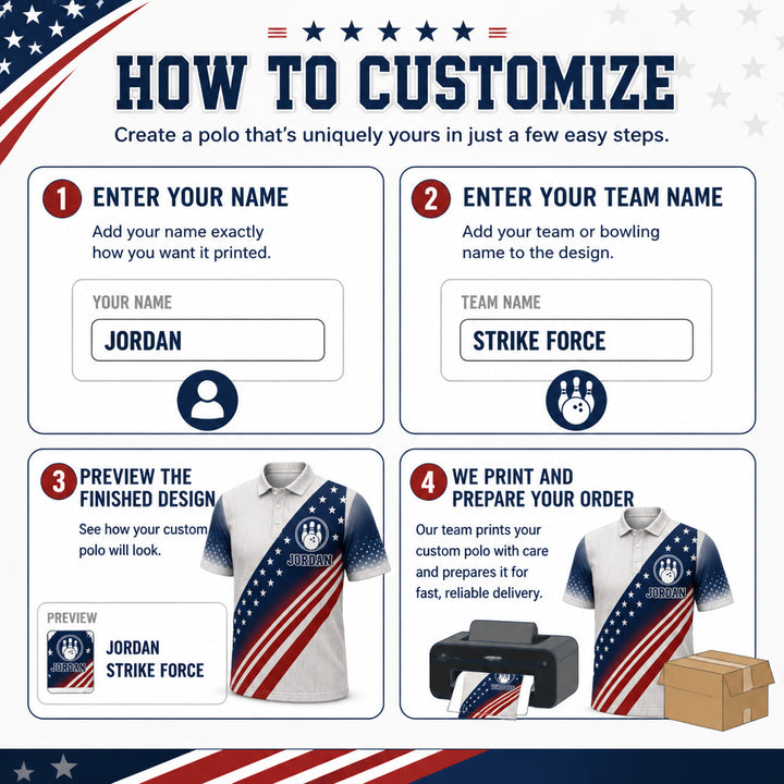 Custom Bowling Team Polo – Patriotic Varsity Crest - How to customize