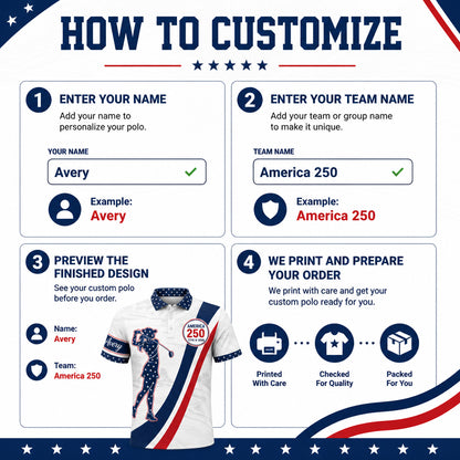 America 250 Patriotic Golf Polo – Personalized Name - How to customize
