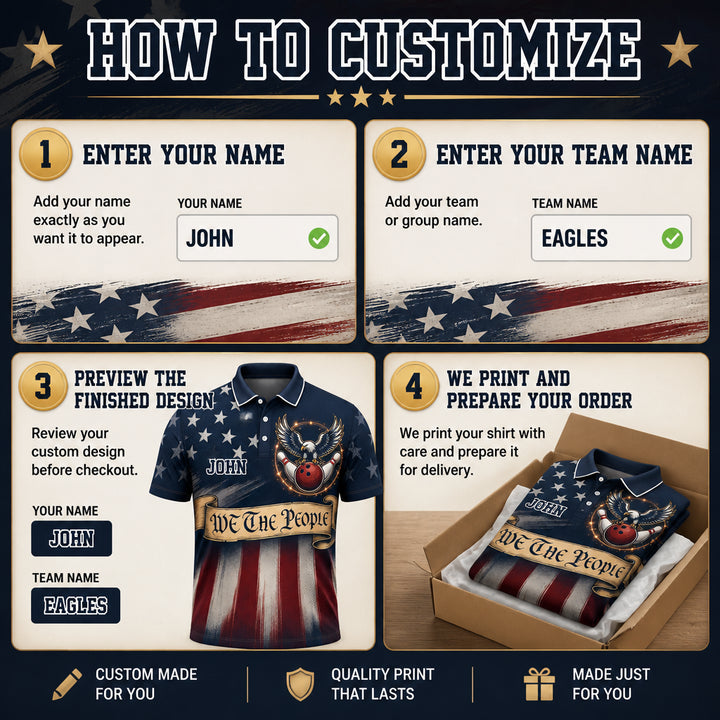 Patriotic Bowling Eagle – AOP Polo (Team + Player Name) - How to customize