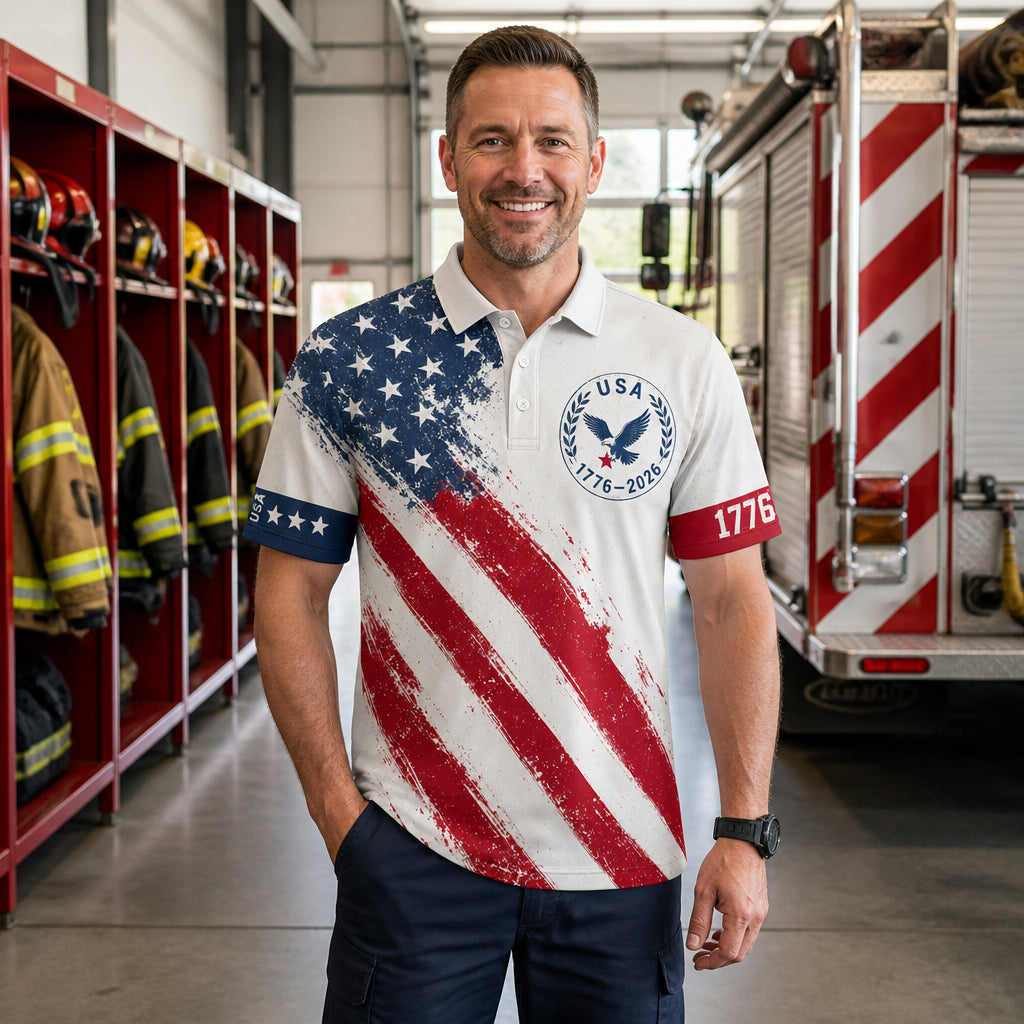 USA 1776–2026 Patriotic AOP Polo - Lifestyle 2