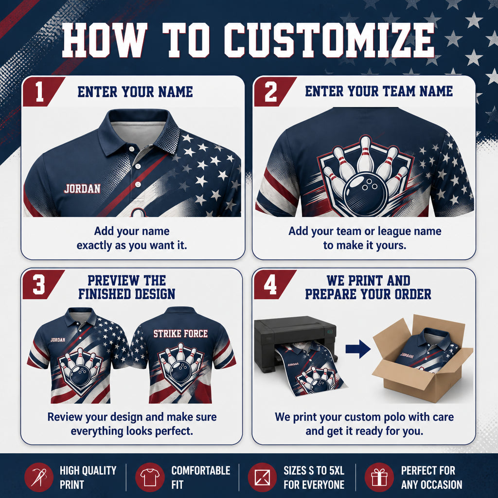 Patriotic Bowling Team Polo — Custom Name & Team - How to customize