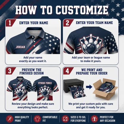 Patriotic Bowling Team Polo — Custom Name & Team - How to customize