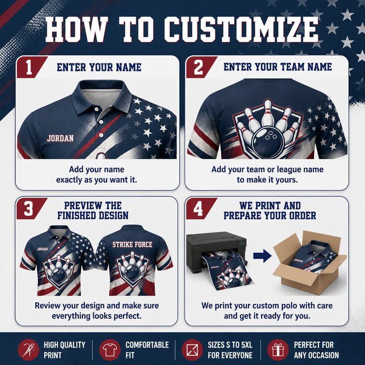 Patriotic Bowling Team Polo — Custom Name & Team - How to customize