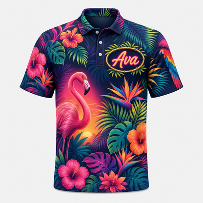 Neon Tropics Flamingo Polo — Custom Name - Personalized Polo shirt - All over printed bebb489d-665e-4d9e-b415-04161b844082.png