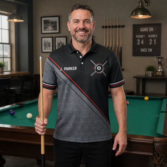 Custom Billiards Team Polo – Player Name + Team Name - Lifestyle 1