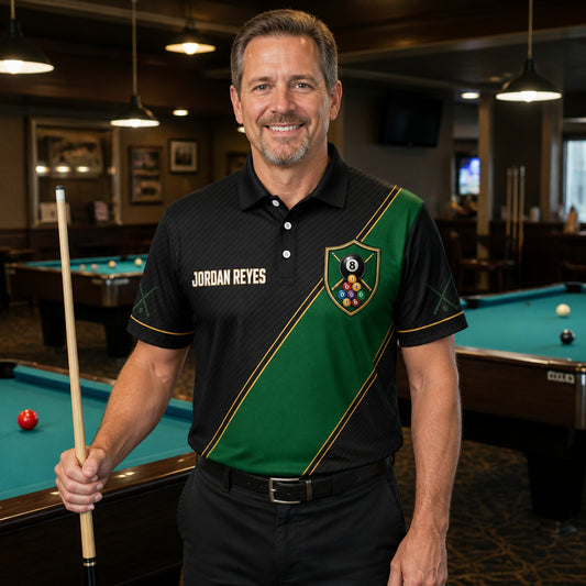 Custom Billiards Team AOP Polo – Player Name Front, Team Name Back - Lifestyle 1