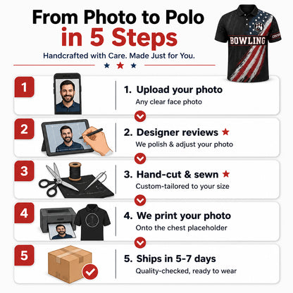 Custom Bowling Team USA Flag AOP Polo - How it is made
