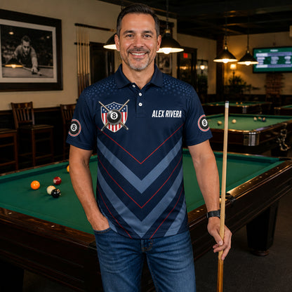 Custom Billiards Team AOP Polo – USA Shield – Name & Team - Lifestyle 2