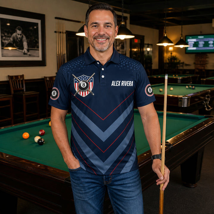 Custom Billiards Team AOP Polo – USA Shield – Name & Team - Lifestyle 2