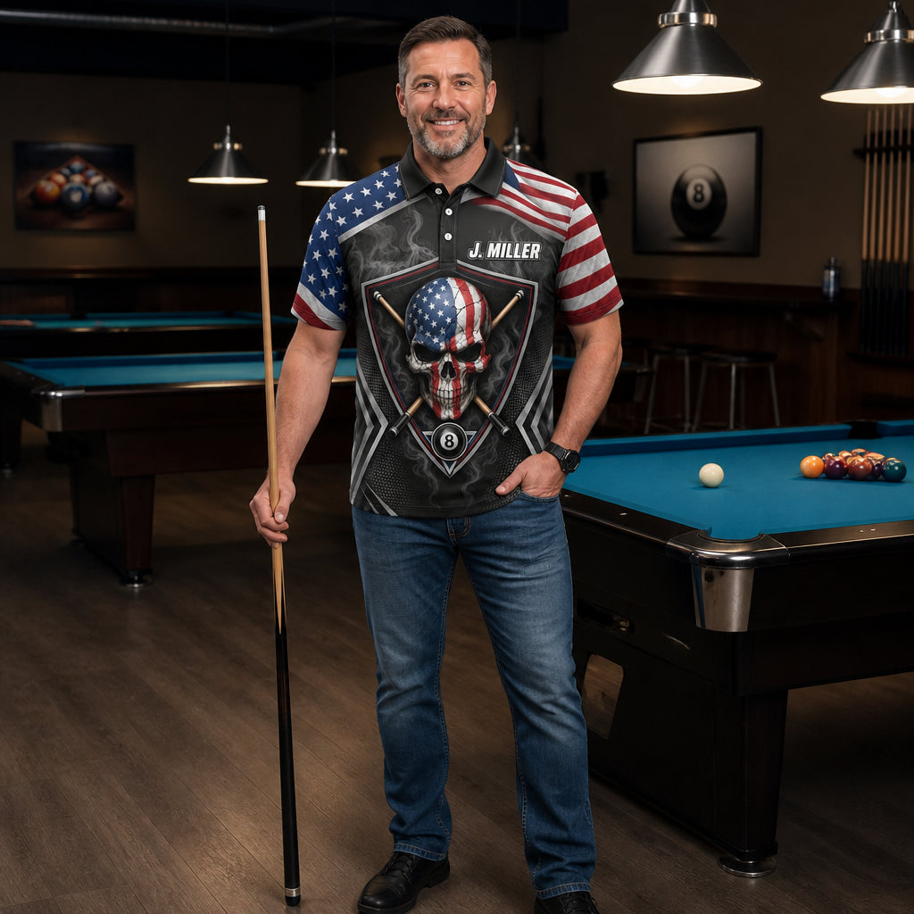 Patriotic Billiards Skull AOP Polo – Personalized Name & Team - Lifestyle 2