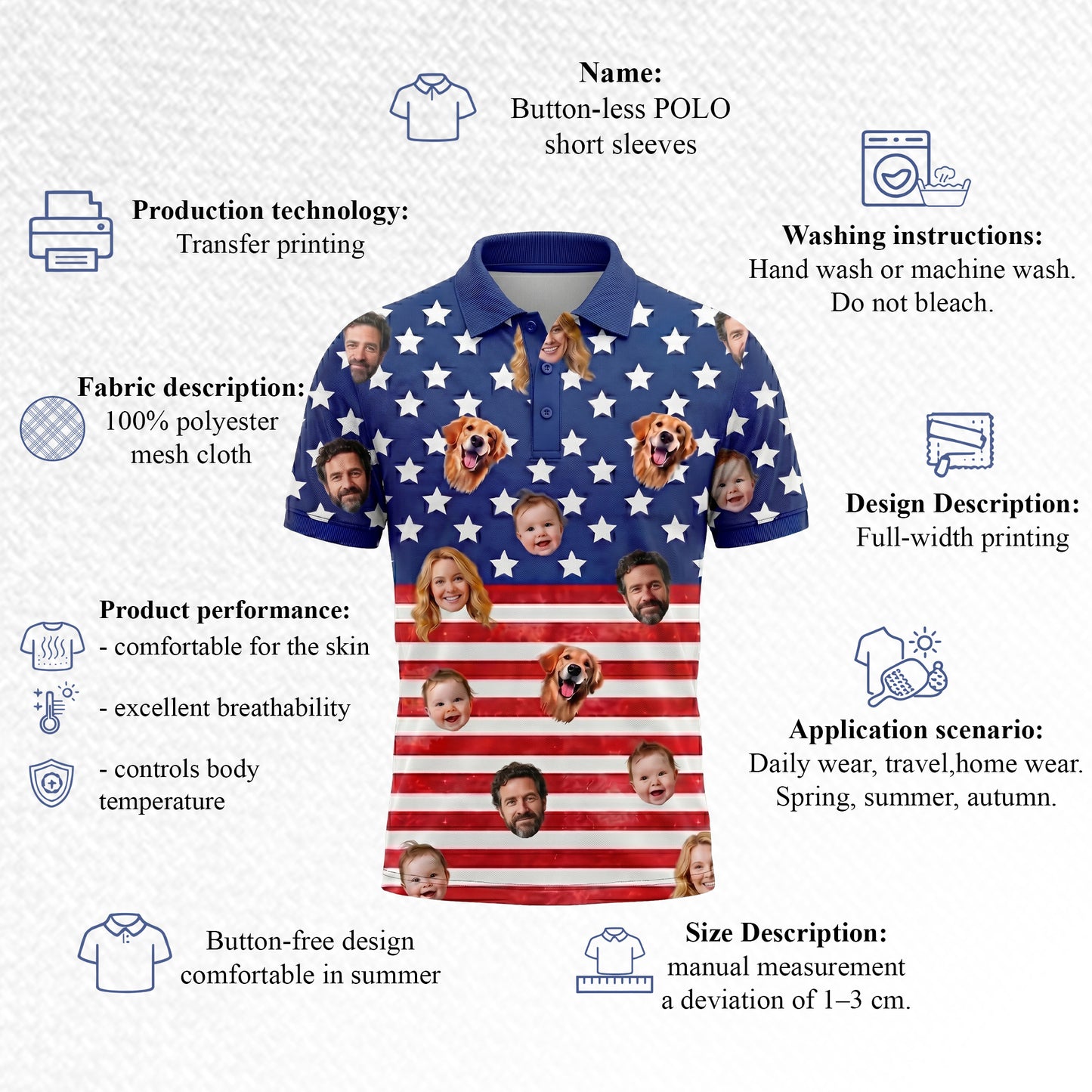 Custom Face American Flag Polo Pickleball Shirt