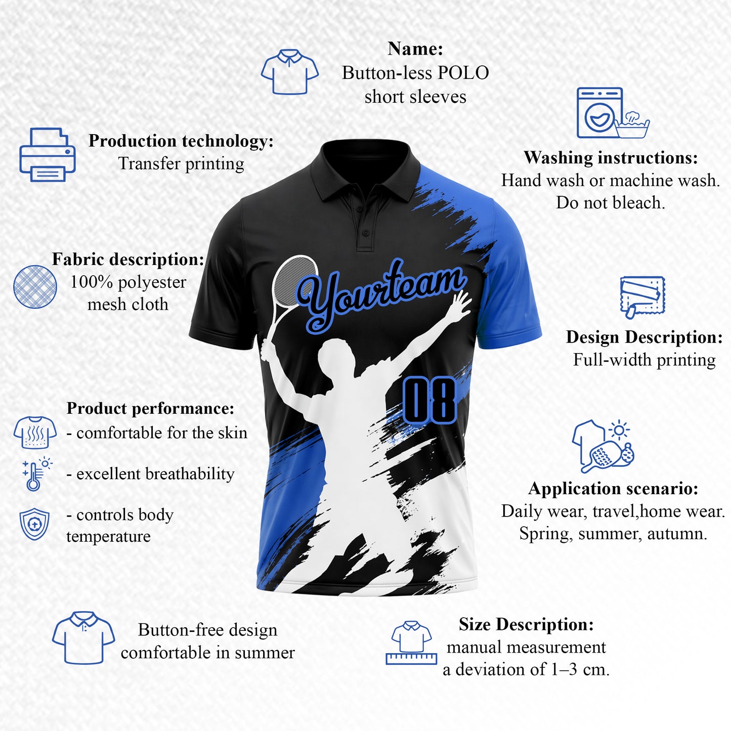 Custom Blue Tennis Polo Shirt Personalized Name Number