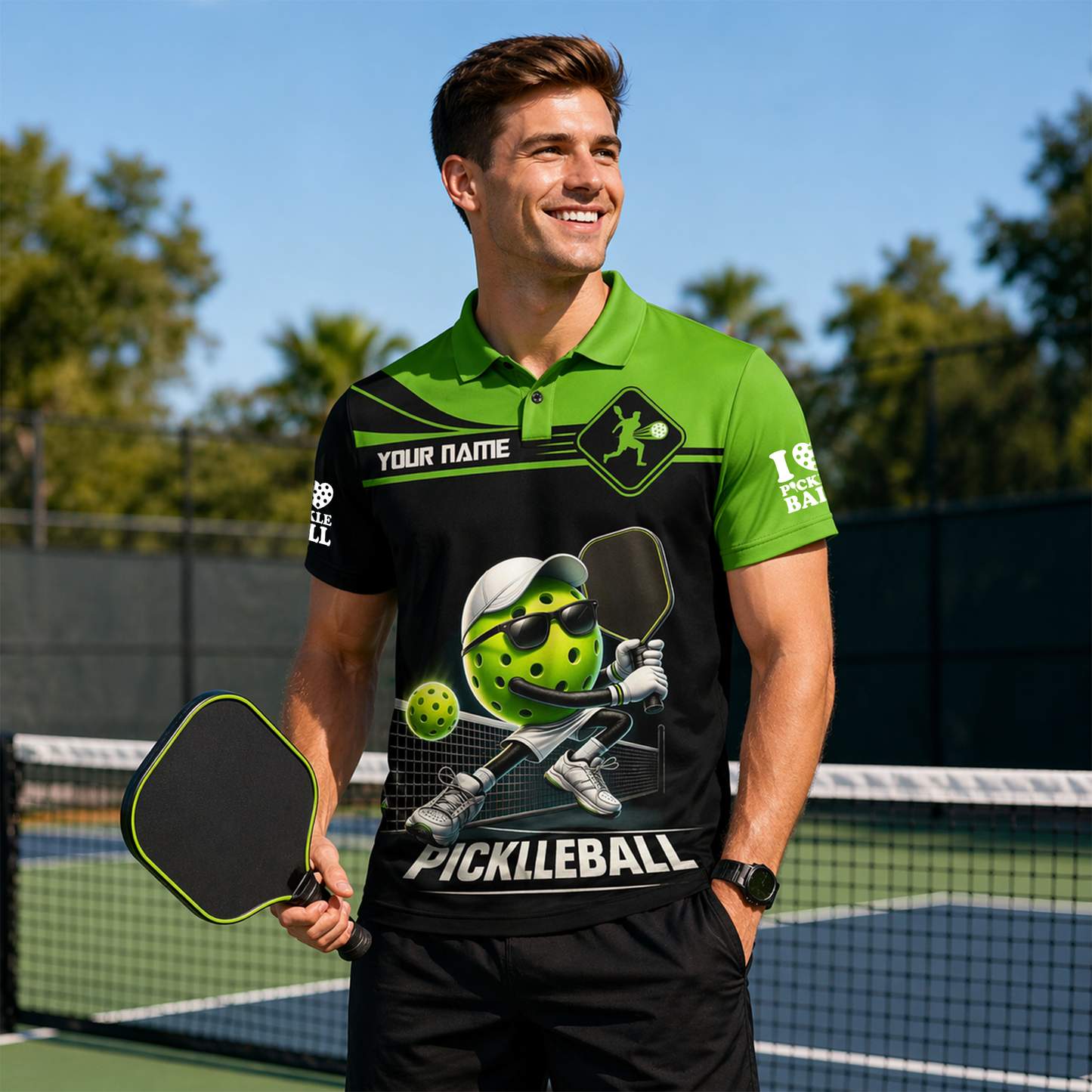 Custom Funny Pickleball Polo Shirt Black Green